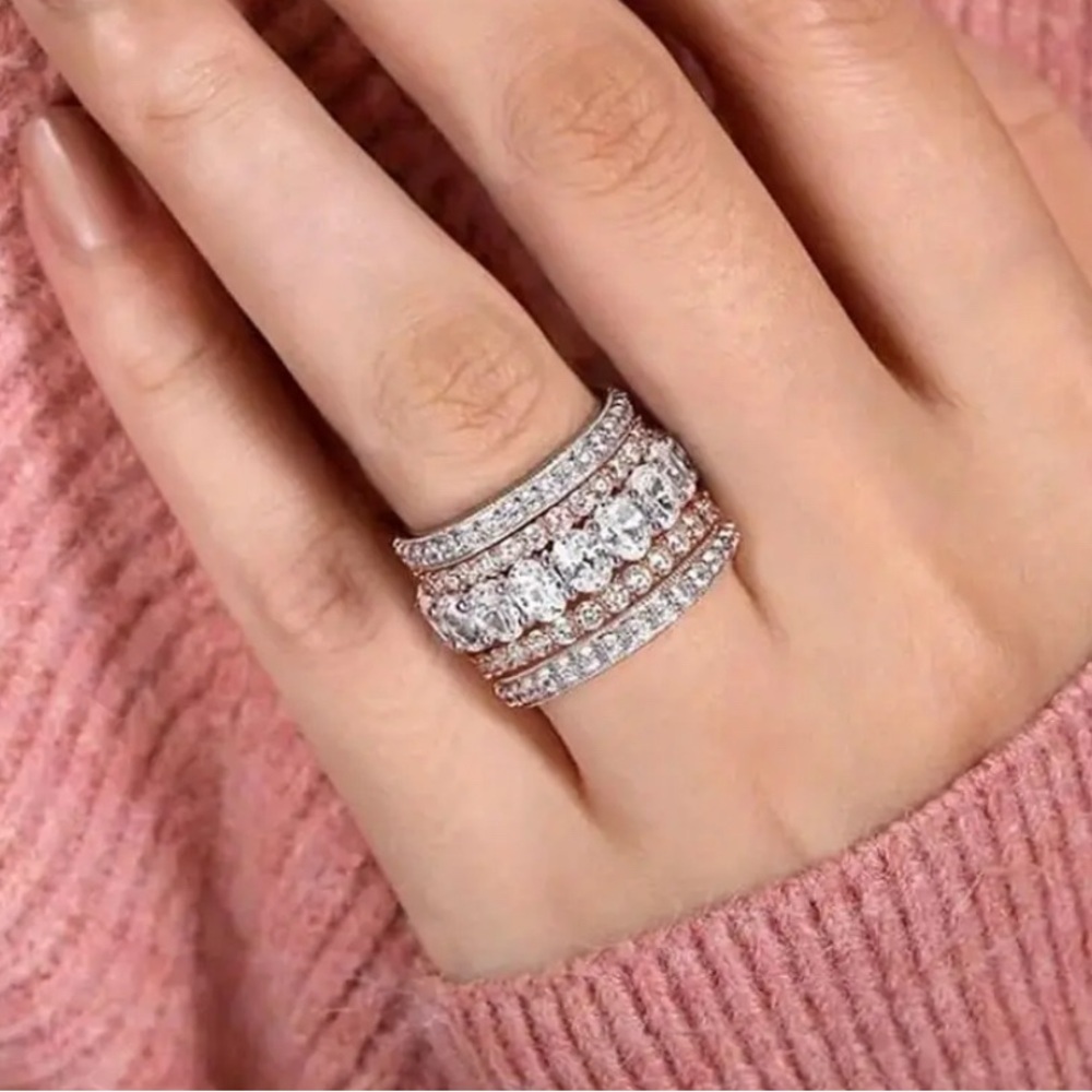 Luxurious Silver and Rose Gold Wide Band Gemstone Ring size 8